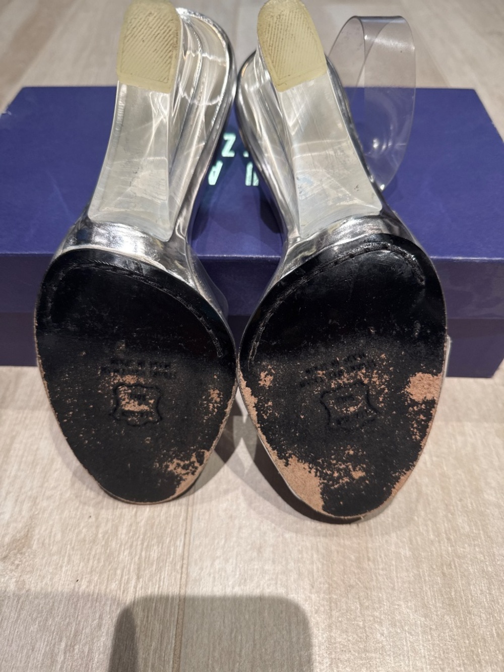 Stuart Weitzman Silver Wedge Heels with Clear Straps - Size 8 - Picture 5 of 5